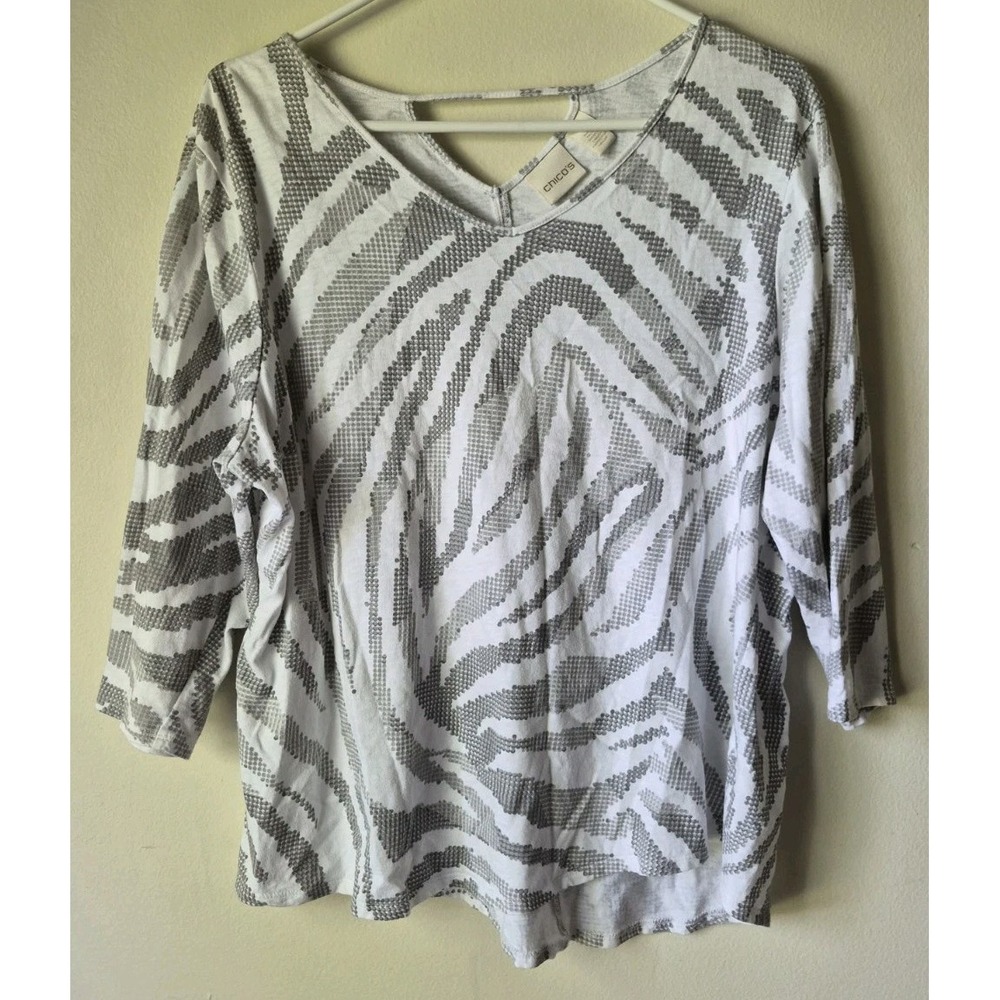 Chicos 3/4 Sleeve Womens Top White/Gray V-Neck 100% Cotton Size 3/XL